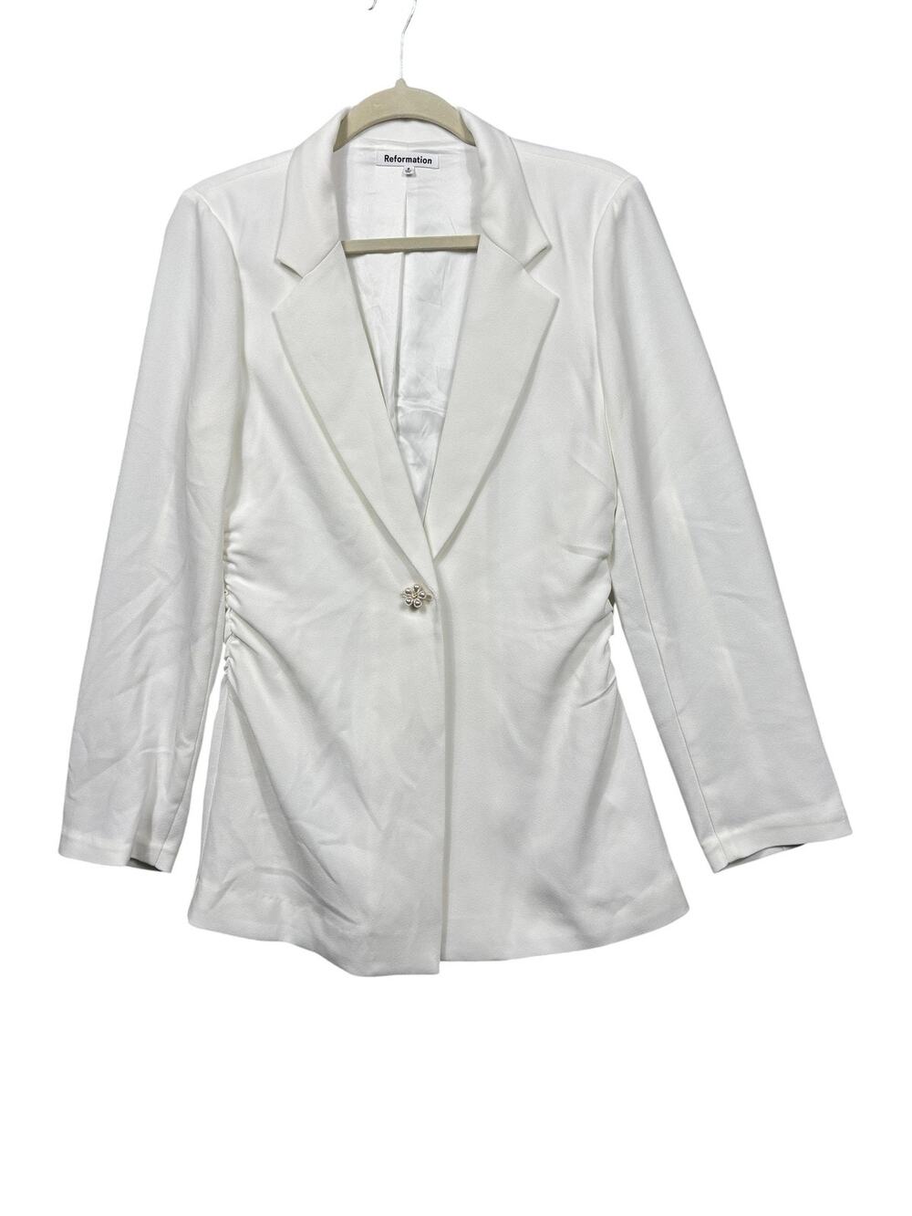 Reformation Blazer Womens 6 White Ruched Pearl Button Longline Jacket Bridal NEW